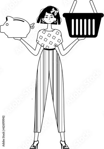 The daughter is holding a hoggish surfeit partake save bank and a stigmatize handcart . bootleg and white analogue stylus. Trendy style, Vector Illustration