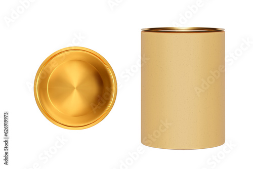 Craft beige cylindrical cardboard box with gold lid isolated from background. Top view of the metal cover. Gift paper tube template for tea, coffee, perfume and alcohol products. Mockup for branding