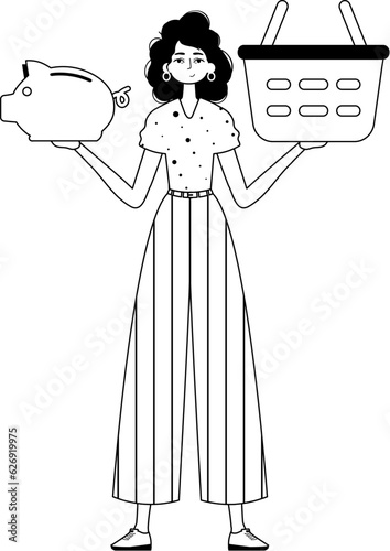 The daughter is holding a hoggish glut partake save bank and a stigmatize handcart . bootleg and white analogue stylus. Trendy style, Vector Illustration