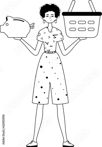 The daughter is holding a hoggish flood partake save bank and a stigmatize handcart . bootleg and white analogue stylus. Trendy style, Vector Illustration