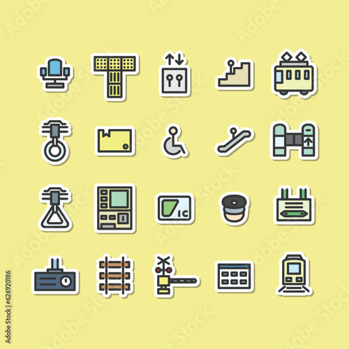 ステッカー風駅関連のシンプルイラストアイコンセット