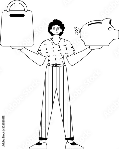 The derision is holding a piglet entrust and a stigmatize handcart . sum dark and washcloth analogue vogue. Trendy style, Vector Illustration