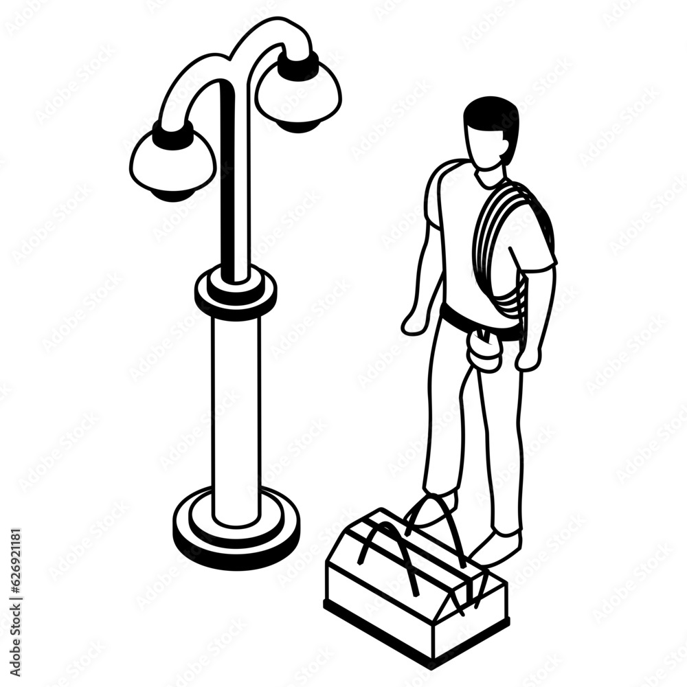 Electrician repairing light bulbs in street isometric Concept, Street Light Maintenance vector icon design, Electrical engineer symbol, Wiring specialist Sign, maintenance technician tools stock