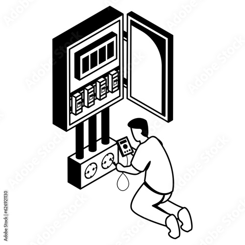 Repair an electrical outlet in the wall of a house isometric Concept vector icon design, Electrical engineer symbol, Wiring specialist Sign, maintenance technician tools stock illustration