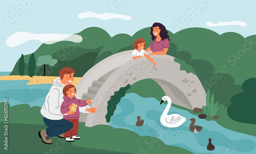 Family feeding ducks on pond. Happy parents with kids give crumbs and grains to birds in park. People birdwatching on river bridge. Outdoor walk. Swans with chicks. Garish vector concept