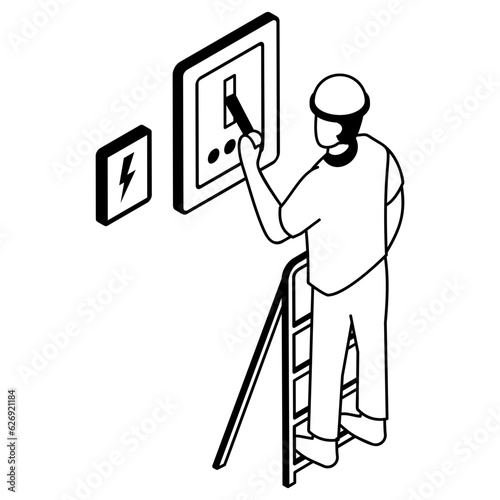 Switching off main electrical switch at distribution board isometric Concept vector icon design, Electrical engineer symbol, Wiring specialist Sign, maintenance technician tools stock illustration