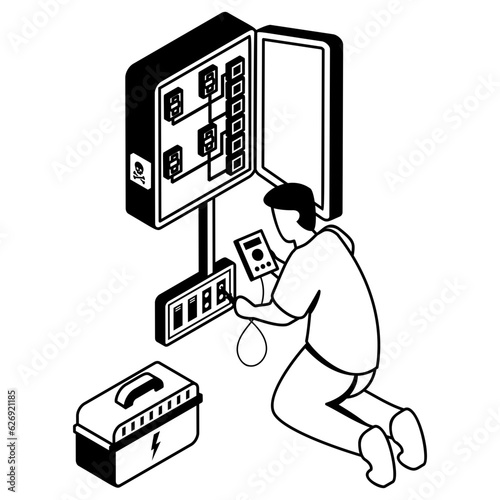 Electrical Wire Service Connector in Basement with Toolbox isometric Concept vector icon design, Electrical engineer symbol, Wiring specialist Sign, maintenance technician tool stock illustration