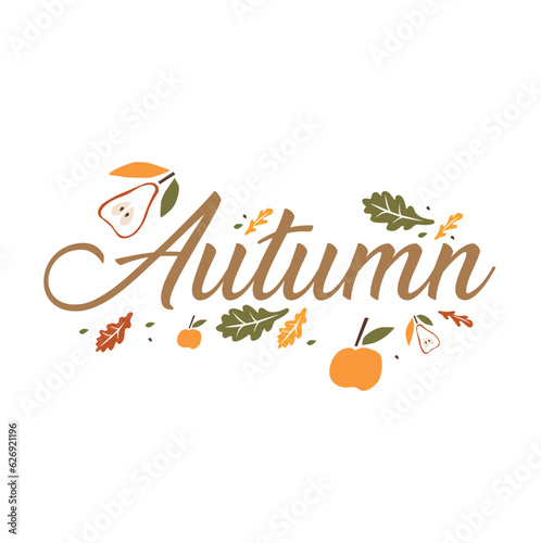 Cartel con la palabra Otoño con dibujos de hojas. Vista de frente. Vector