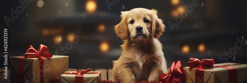 Dog with a gift. A touching and joyful gift concept. Generative AI