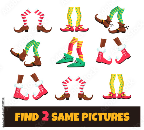 Find two same pictures. Seek pair legs. Different shoes connection. Xmas Santa elves foots matching. Educational game for kids. Christmas puzzle. Brainteaser task. Vector worksheet design
