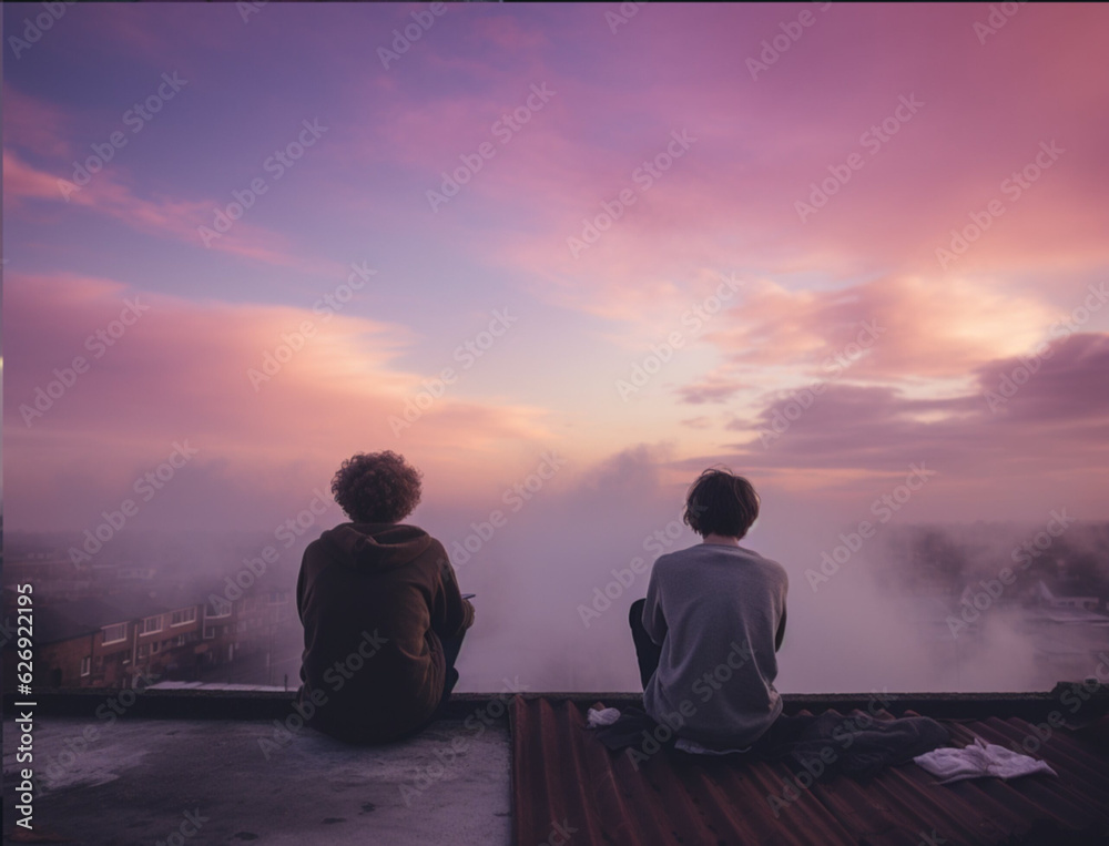 A documentary photography of grunge design friends sitting on a roof, sunrise, looking over the city smoking, light purple pastel colours, editorial photography.