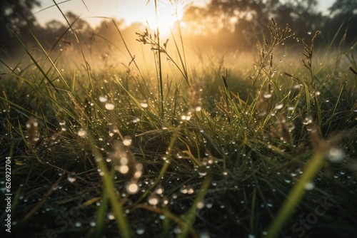 Grass with Dew at Sunset Serene and Peaceful Nature Scenery