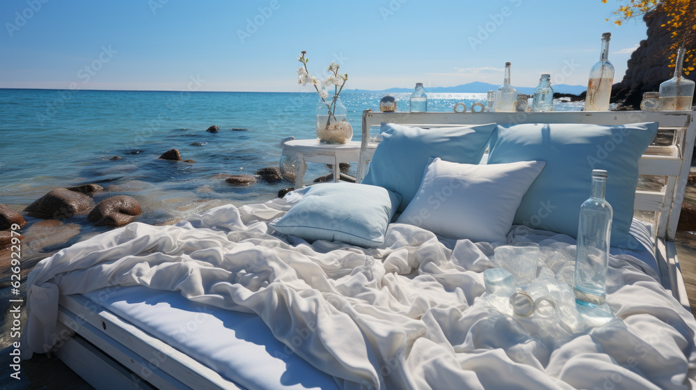 Double bed floating in middle of water, elegant bed linen, blue tropical sea all around , vacations or honeymoon concept