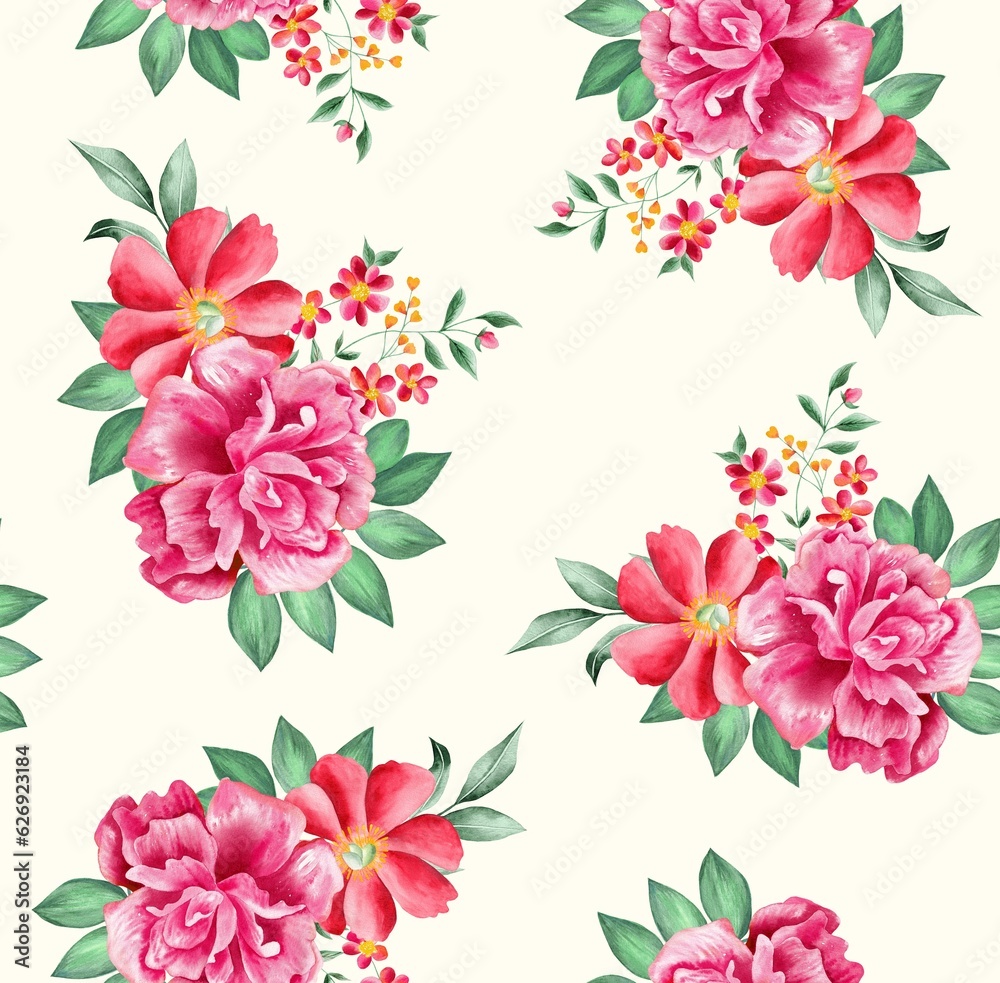 Watercolor flowers pattern, red and pink tropical elements, green leaves, white background, seamless