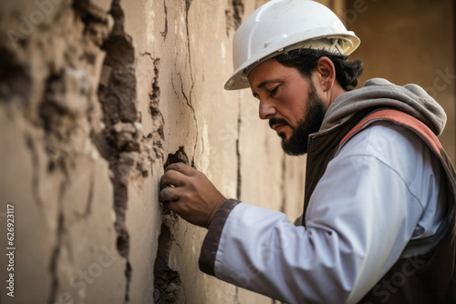 An engineer wearing helmet looks at crack on the wall
