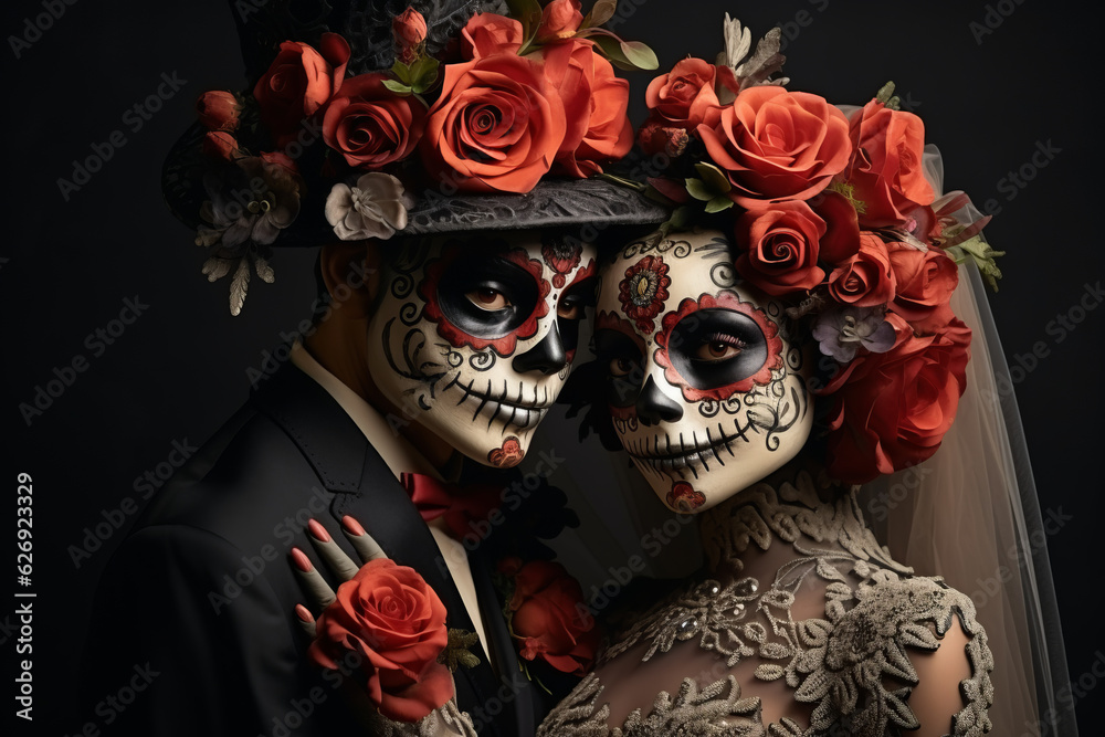 Portrait of couple dressed as catrina, skull to honor the dead in Mexico. Dressed with white face, black eyes and a bouquet of red roses