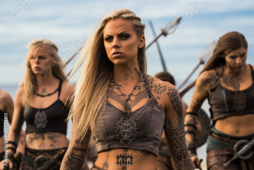 Obraz na płótnie Vikings female warriors portrait with ladies with tattoos and spires weapons