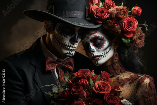 Fotografia Portrait of couple dressed as catrina, skull to honor the dead in Mexico