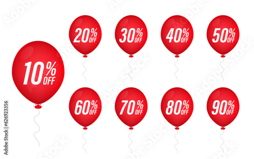 Red balloons Discounts for retail, shopping, sale or concept promotion. Set of balloons 10%, 15%, 20%, 25%, 30%, 35%, 40%, 50%, 60%, 70%, 80% and 90% Discounts Isolate on white. Vector illustration