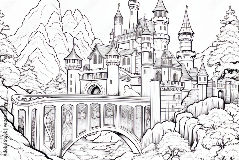 Fairy tale castle in black and white. Beautiful illustration picture. Generative AI