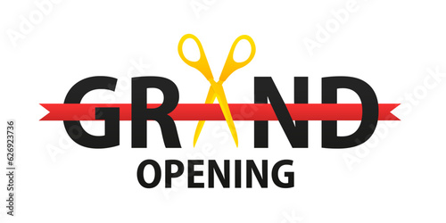 Grand opening background. Scissors to cut red ribbon design element for poster or banner for opening event. Isolated on white background. Vector illustration