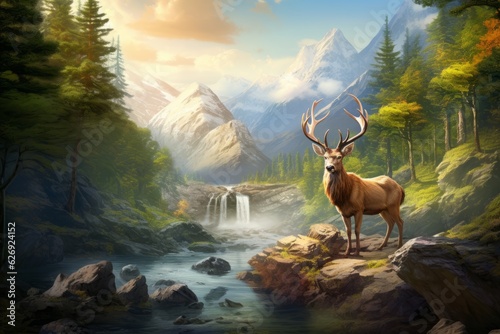 Vivid nature with majestic view and deer. Beautiful illustration picture. Generative AI