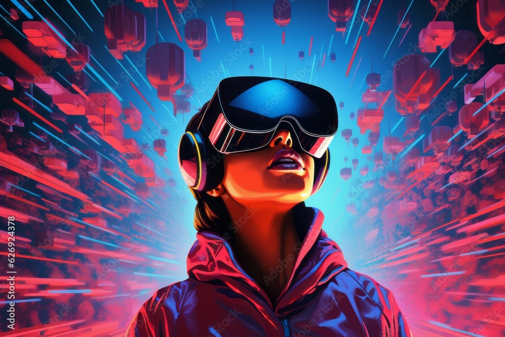Boy is in virtual reality glasses. Beautiful illustration picture. Generative AI Boy is in virtual reality glasses. Beautiful illustration picture. Generative AI
