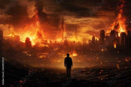 Man is watching the world burning. Beautiful illustration picture. Generative AI