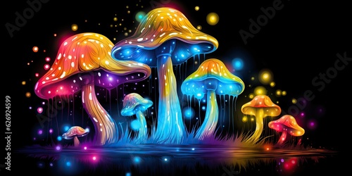 AI Generated. AI Generative. Neon light bright draw paint ink art mushroom in psychedelic style. Nature wild outdoor vegan food.