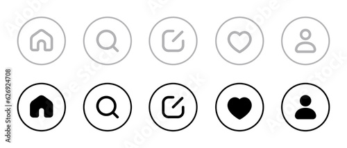 Home, search, new thread, activity, and profile icon vector in circle line. Social media elements inspired by threads app