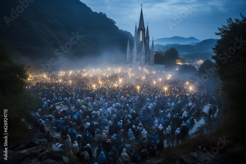 A mesmerizing image of pilgrims gathering at the sacred site of Lourdes, seeking healing and spiritual solace Generative AI