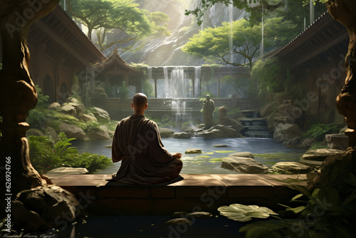 A mesmerizing portrayal of a contemplative monk in a peaceful cloister garden, deep in prayer and meditation Generative AI