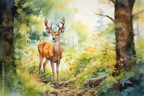 Watercolor deer in the forest. Beautiful illustration picture. Generative AI