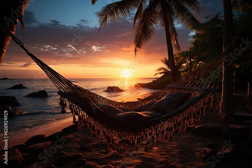 Whispers of the Ocean: An Empty Hammock Sways Amidst Two Palm Trees in the Soothing Beach Breeze at Sunset Generative AI