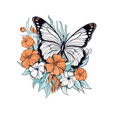 Butterfly and flowers, isolated on white background, vector illustration.
