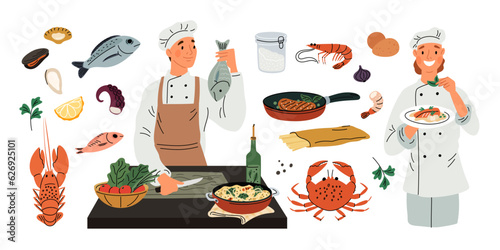 Sea food cooking. Chef cook preparing fish and crabs. Cartoon ocean products. Pasta with seafood. Restaurant meal preparation at kitchen. Professionals in uniform. Garish vector set