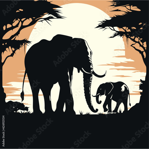 Silhouette of elephant with baby elephant, vector illustration.