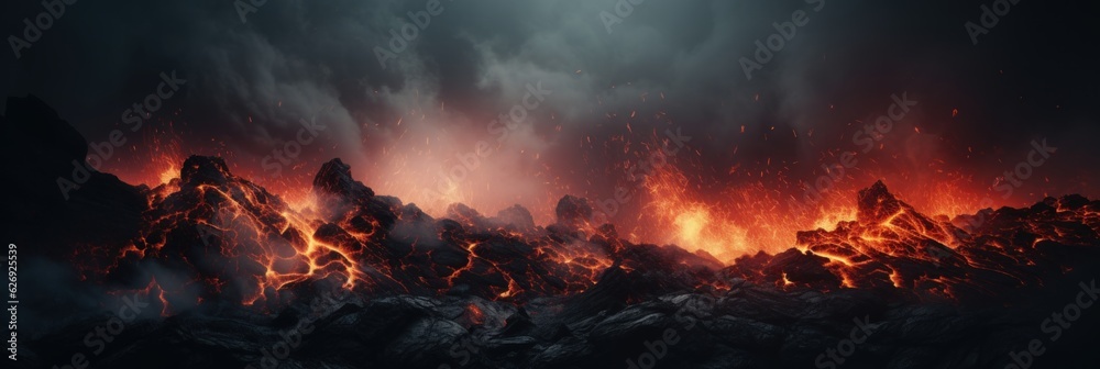 Volcano eruption with fiery lava and smoke. Generative AI