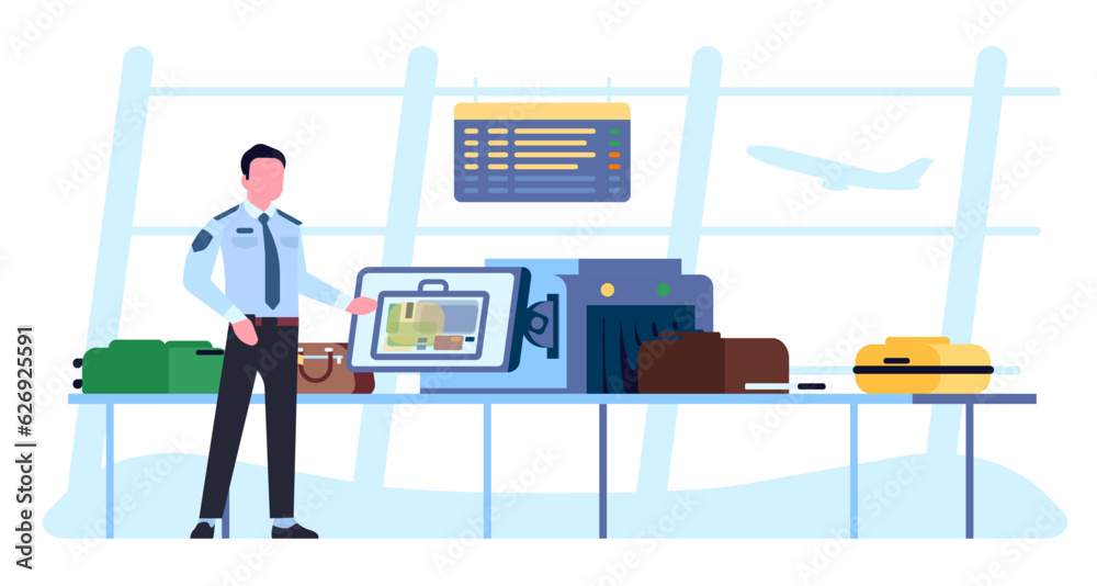 Security at airport. Guard scanning passenger luggage on special scanner. X-ray detector terminal. Officer checking suitcases. Tourist bags on conveyor. Baggage control. Vector concept