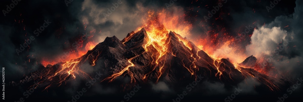 Volcano eruption with fiery lava and smoke. Generative AI