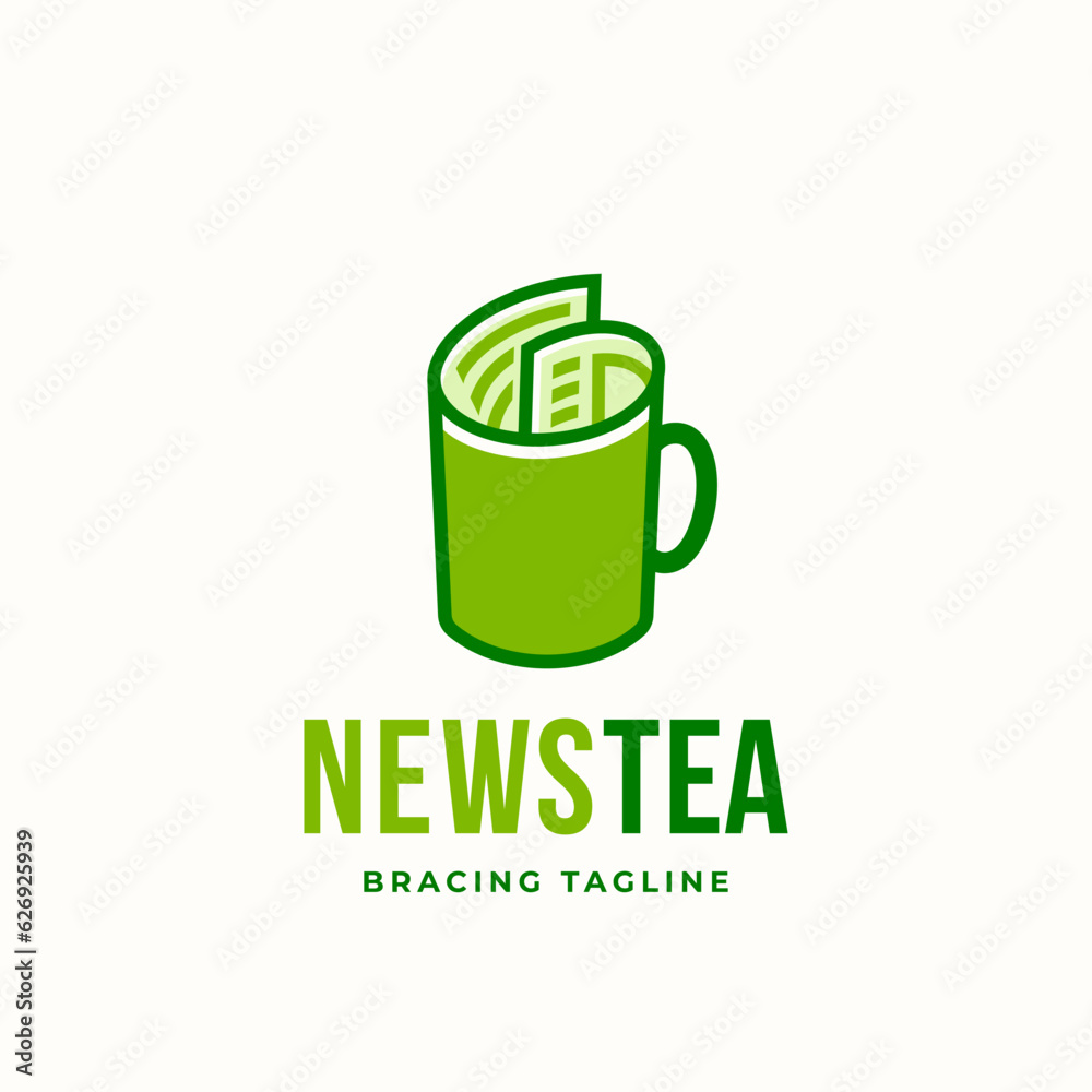 News Tea Abstract Vector Sign Emblem Logo Template. Newspaper roll incorporated into cup Concept with Modern Typography Isolated News Tea Abstract Vector Sign Emblem Logo Template. Newspaper roll incorporated into cup Concept with Modern Typography Isolated