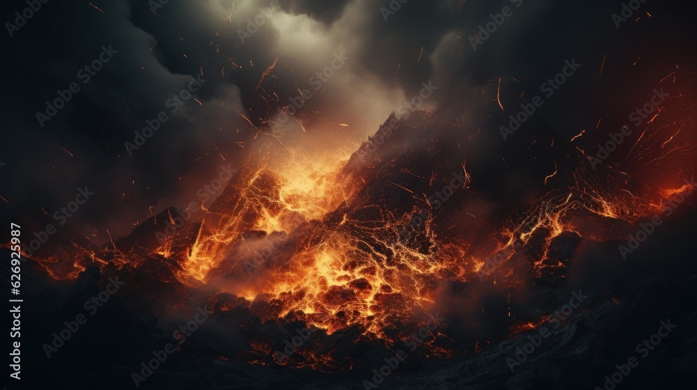 Volcano eruption with fiery lava and smoke. Generative AI Volcano eruption with fiery lava and smoke. Generative AI