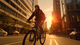 bike to work In the midst of big cities, tall buildings, traffic jams.  generative AI