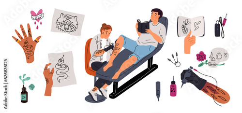 Tattoo salon professional tools. Artistic studio elements. Tattooist with client on armchair. Ink bottles and tattooing needle machines. Sketch pages. Master work. Garish vector set