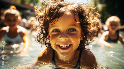 On a sunny day, pool, diverse children gather, their laughter filling the air. United by friendship, they enjoy the sun, sand, and sea, showcasing pure joy, friendship knows no race. Generative AI