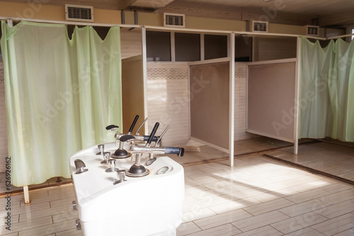 medical transboys in the Shymkent sanatorium Saryagash. installation with a hose supplying mineral water under pressure in a sanatorium. boarding house for rejuvenation in the village of saryagash photo