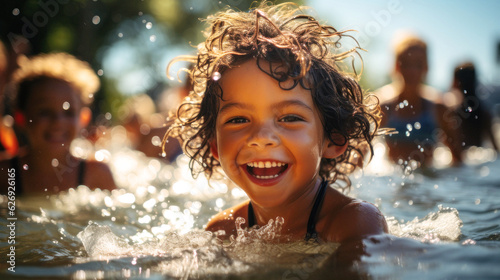 On a sunny day, pool, diverse children gather, their laughter filling the air. United by friendship, they enjoy the sun, sand, and sea, showcasing pure joy, friendship knows no race. Generative AI