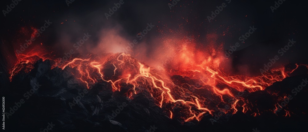 Fototapeta premium Volcano eruption with fiery lava and smoke. Generative AI