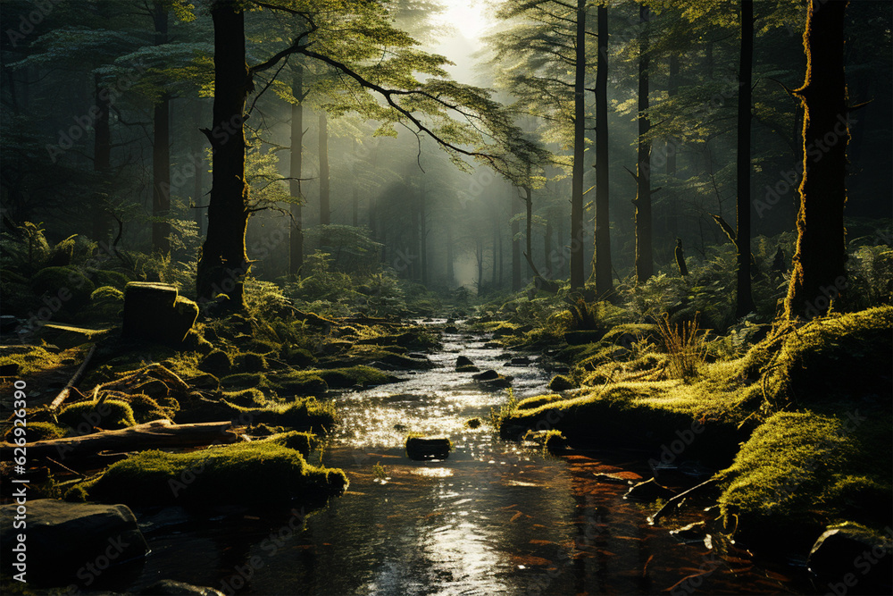 Sunlit forest with stream. Generative AI