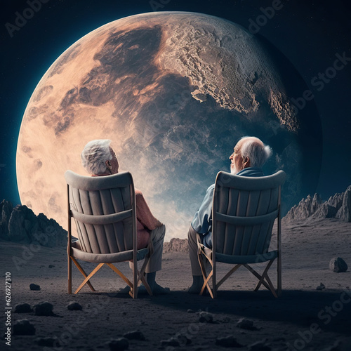 Back view of unrecognizable senior man and woman sitting on chairs placed on rocky ground and enjoying full moon in evening sky generative AI illustration